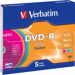 Blank DVD-R AZO Verbatim 4.7GB 16x Colour, 5 Pack Slim
