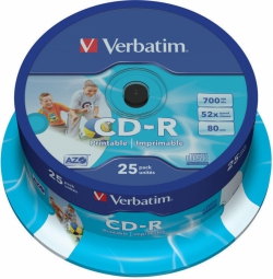 Matricas CD-R AZO Verbatim 700MB 1x-52x Wide Printable, ID Bran,25 Pack Spindle
