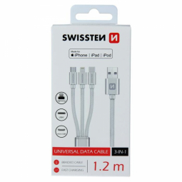 Swissten Textile Universal 3in1 USB-C / Lightning Data MFI / Micro USB Cable 1.2m Silver
