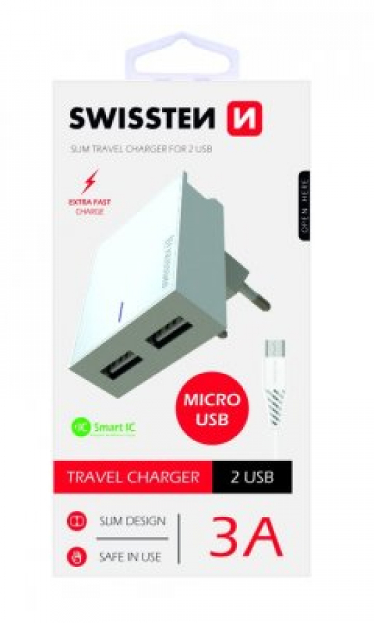 Swissten Smart IC Travel Charger 2x USB 3А / 15W With microUSB Cable (SW-DET-2.1AWCM-WH)