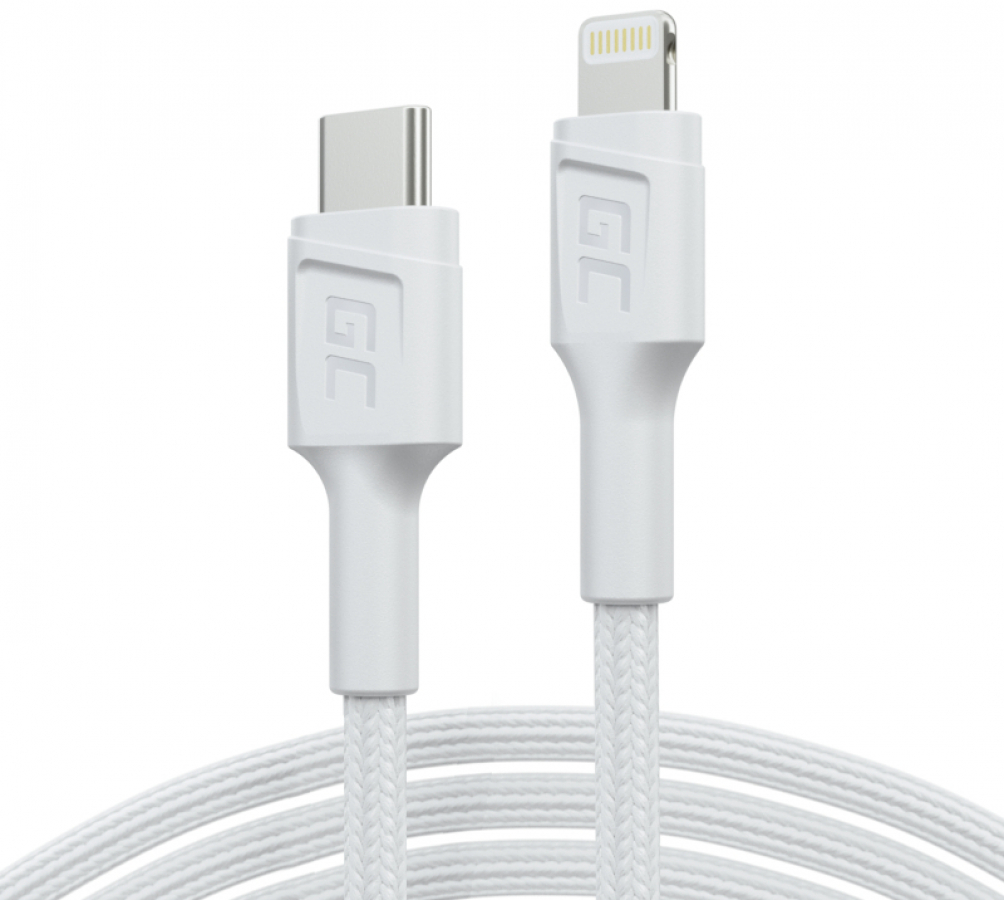 Kabelis Green Cell Lightning Male – USB Type-C Male 1m MFi Fast Charging White (KABGC07W)