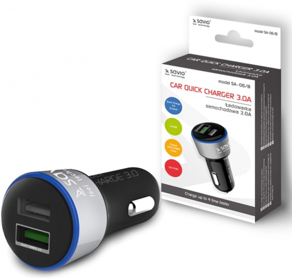 Lādētājs Savio Car Quick Charge Charger LED Diode Black (SA-06/B)