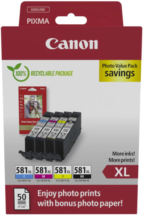 Tintes kārtridžs Canon CLI-581X BK / C / M / Y High Yield Ink Cartridge + Photo Paper Value Pack (2052C006)