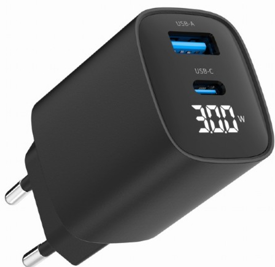 Lādētājs Gembird USB Type-C + USB Type-A LCD Black (TA-UC-PDQC30LCD-BK-01)
