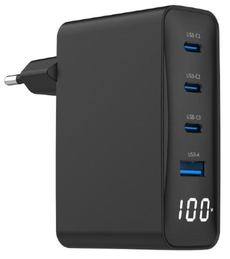 Charger Gembird Universal USB Charger 4-Port LCD 100W GaN (TA-UC-PDQC100LCD-01-BK)
