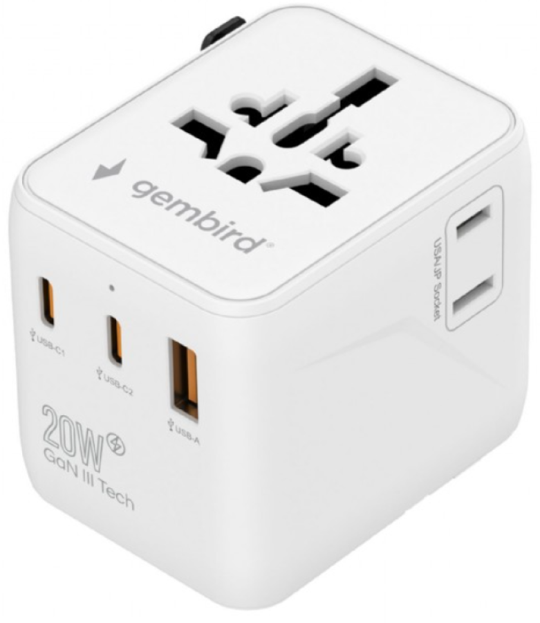 Adapteris Gembird universal travel adapter 20W (TPA-1A2C20-01-W)