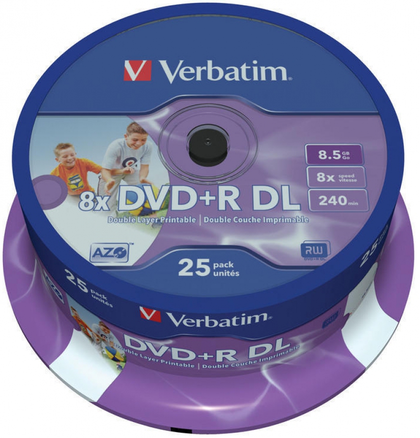 Matricas DVD+R DL Verbatim 8.5GB Double Layer 8x AZO Wide Printable non ID 25 Pack Spindle (43667V)