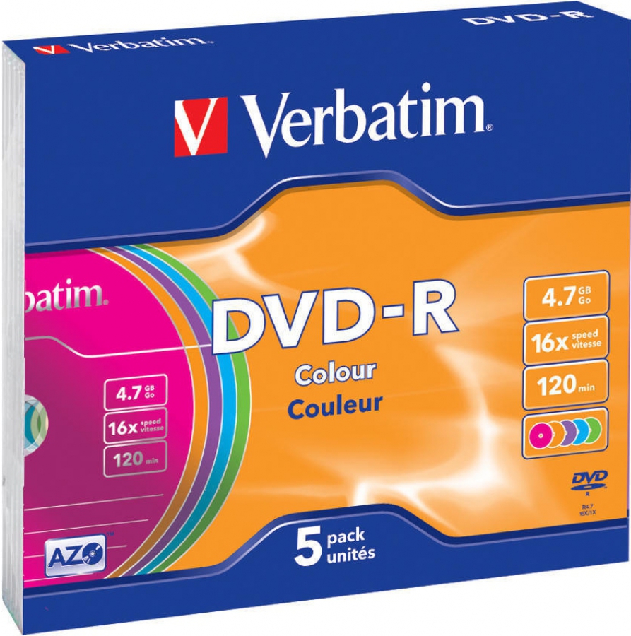 Blank DVD-R AZO Verbatim 4.7GB 16x Colour, 5 Pack Slim (43557V)