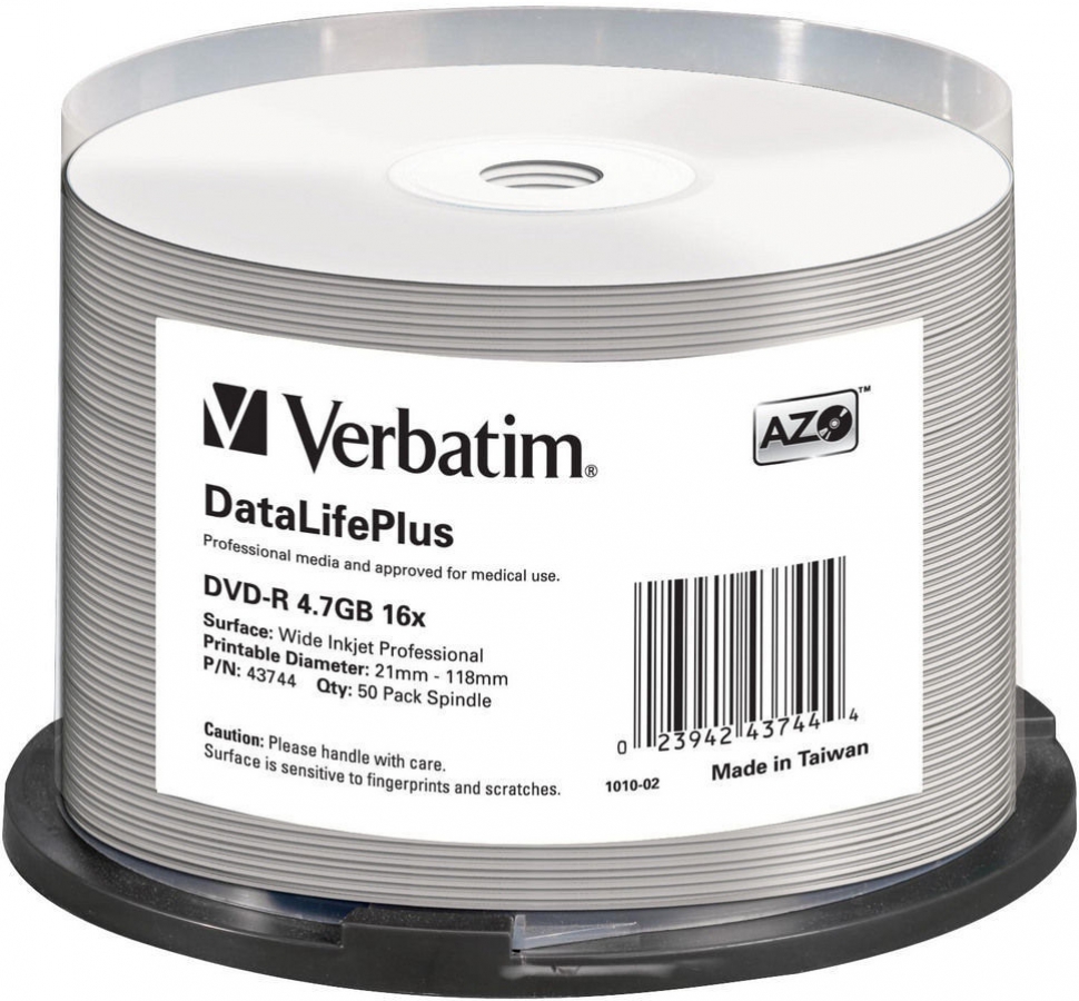 Blank DVD-R AZO Verbatim 4.7GB 16x Wide Printable non ID,50 Pack Spindle (43744V)