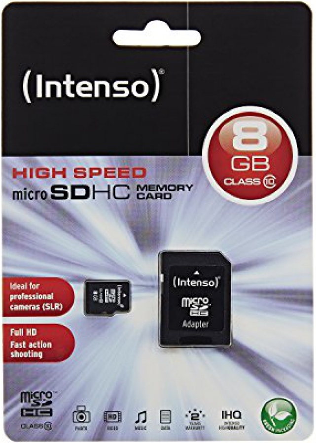 Atmiņas karte Intenso MicroSDHC 8GB Retail Class10 + SD Adapter (3413460)
