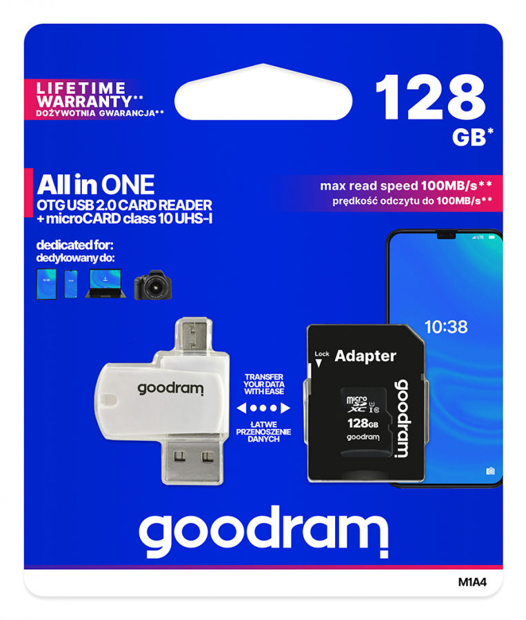 Goodram MicroSDXC 128GB Class 10 UHS I + Card reader + adapter (M1A4-1280R12)