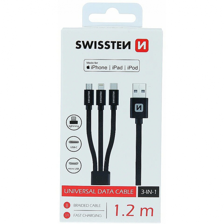 Swissten Textile Universal 3in1 USB-C / Lightning Data MFI / Micro USB Cable 1.2m Black (72501101)
