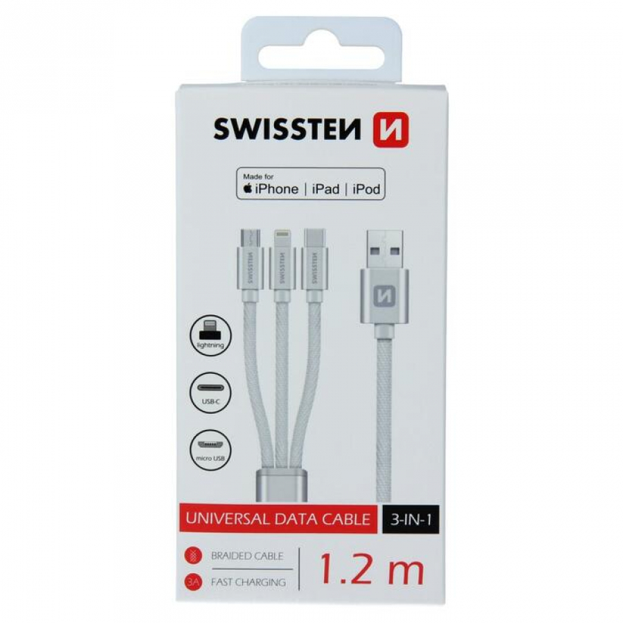 Swissten Textile Universal 3in1 USB-C / Lightning Data MFI / Micro USB Cable 1.2m Silver (72501102)