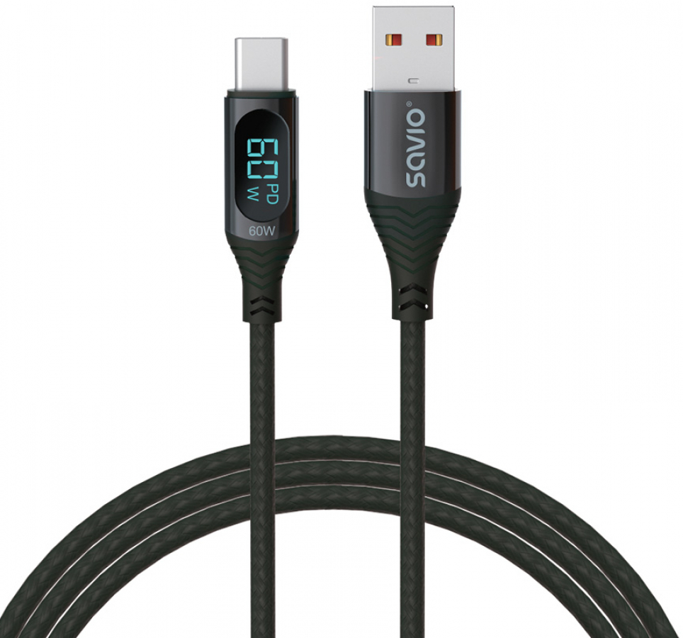 Kabelis Savio USB-A Male - USB Type-C Male with Digital Display 1m (CL-172)