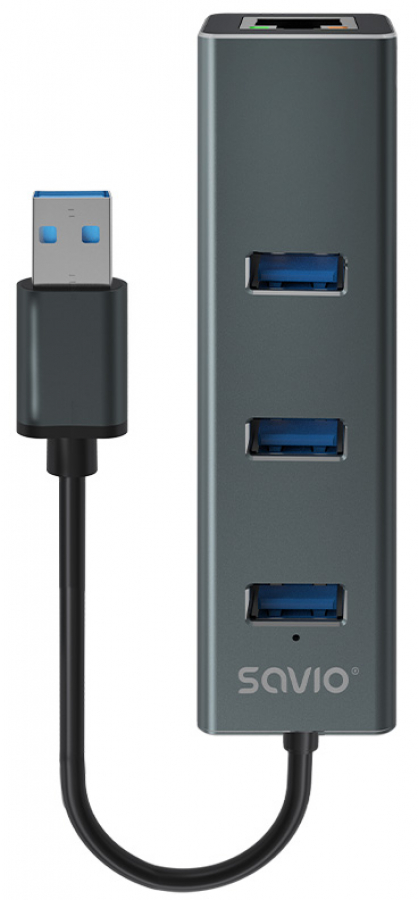 Adapter Savio 3-port USB-A 3.1 Gen 1 Hub with RJ-45 Gigabit Ethernet (AK-58)