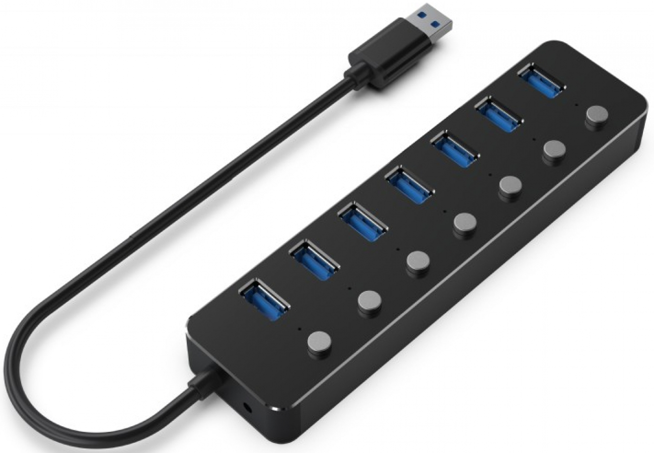 USB Centrmezgls Gembird USB 3.1 Powered 7-port Hub with Switches Black (UHB-U3P7P-01)